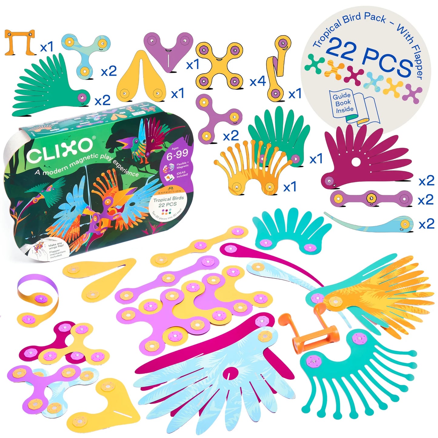 Clixo Tropical Birds Pack 22pc Set Contents